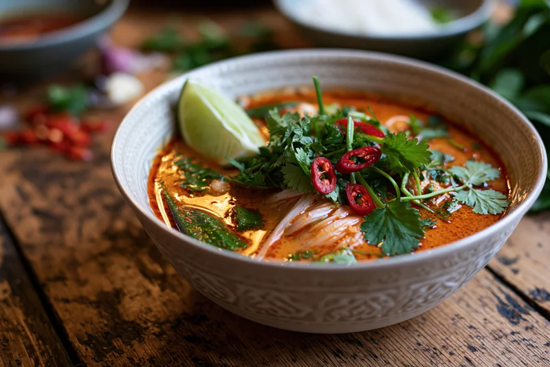 Thai red curry noodle soup in a ceramic bowl garnished with cilantro lime and chili on a wooden table
