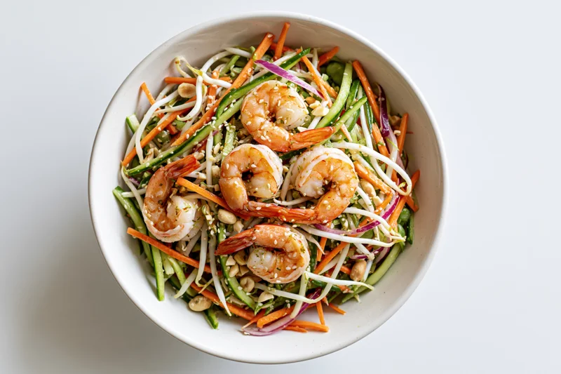 Thai shrimp salad with julienned carrots cucumber and bean sprouts in a white bowl, overhead view