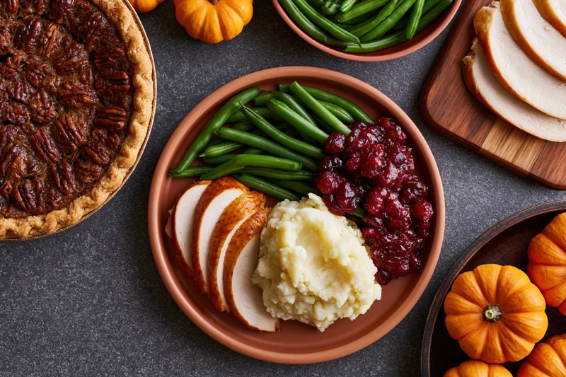 Thanksgiving dinner spread with turkey, mashed potatoes, cranberry sauce, green beans, and pecan pie on dark slate table