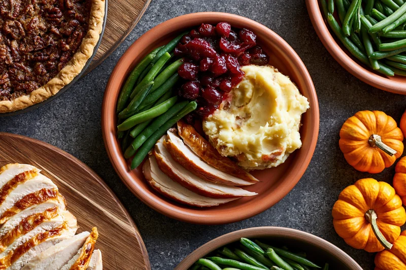 Thanksgiving dinner spread with turkey, mashed potatoes, cranberry sauce, green beans, and pumpkin pie on a dark slate table