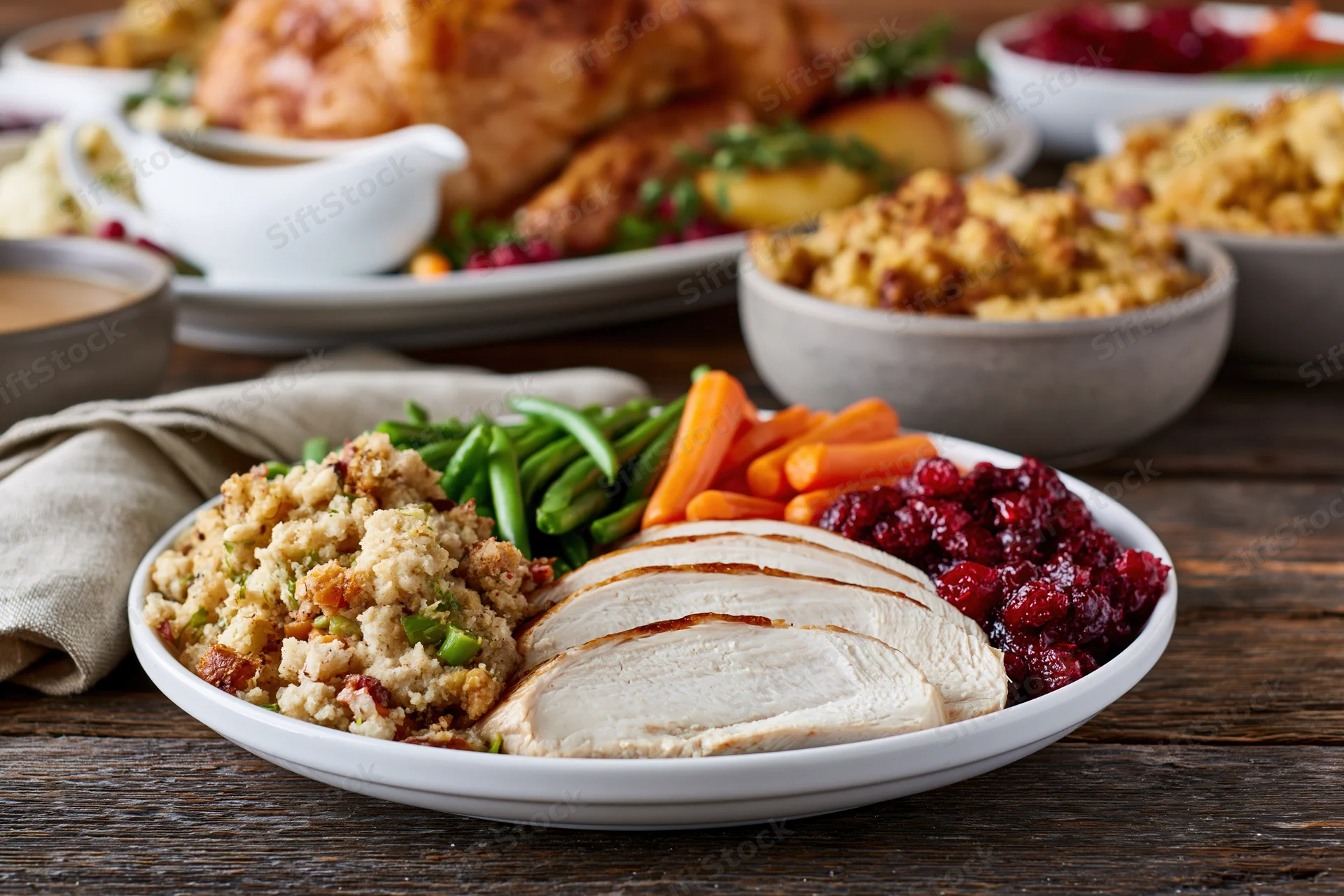 Sliced turkey with stuffing, cranberry sauce, carrots and green beans on a white plate on a rustic wooden table