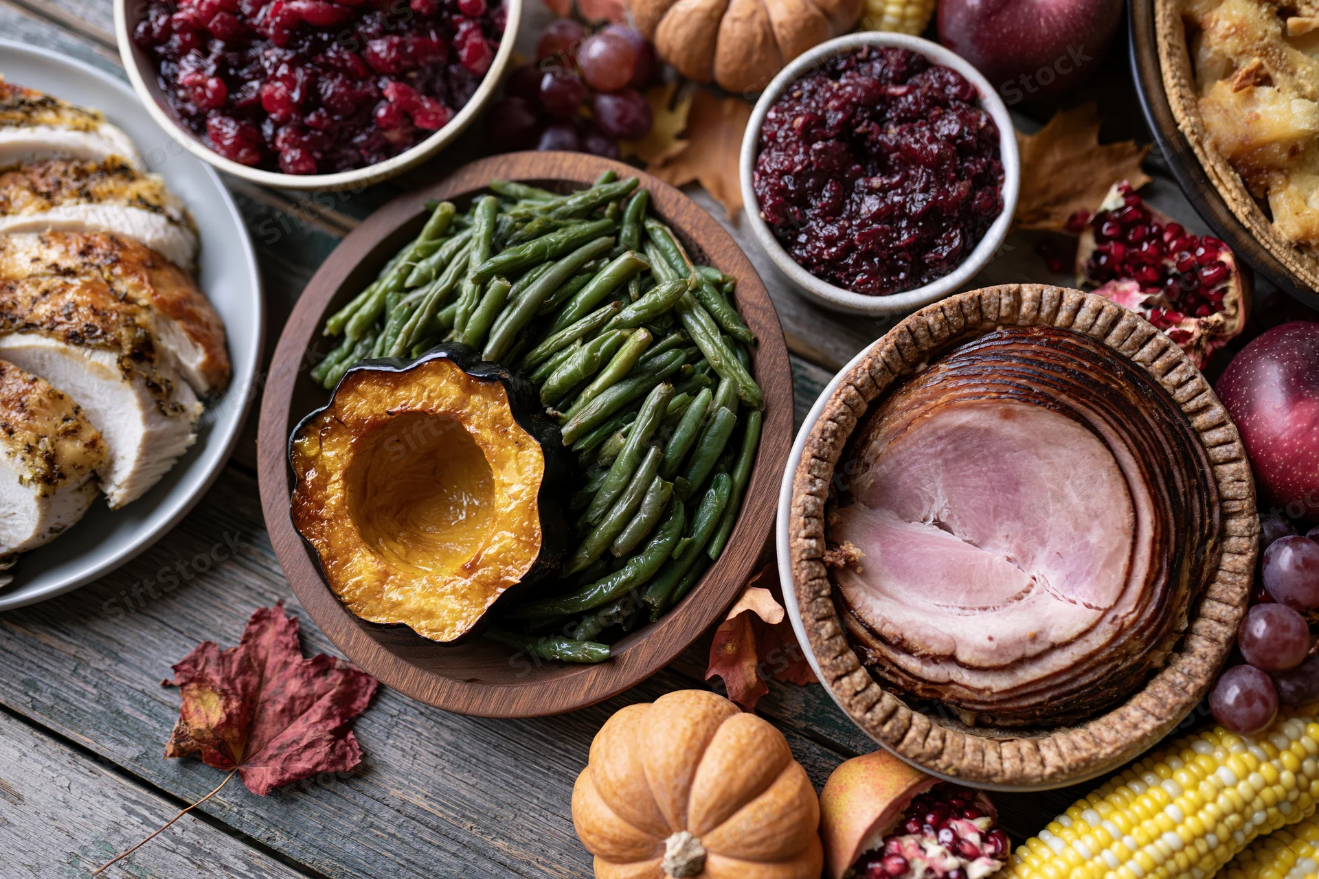 Thanksgiving feast spread with turkey, ham, green beans, cranberry sauce, and autumn decorations on a weathered wooden table