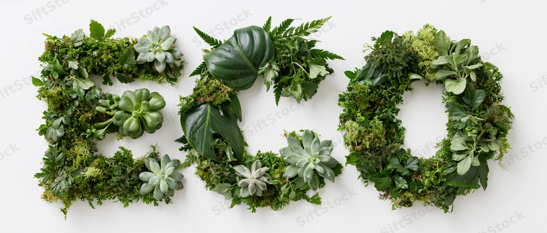 The word eco spelled with green plants and succulents on white background