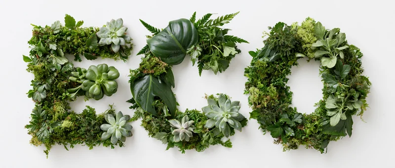 The word eco spelled with green plants and succulents on white background