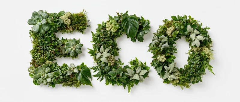 The word eco spelled with green plants and moss on a white background