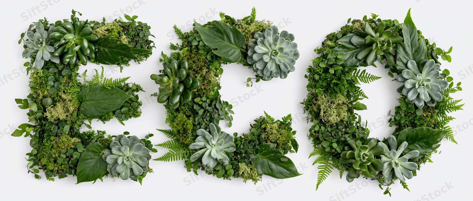 The word eco spelled with succulents, moss, and ferns on a white background