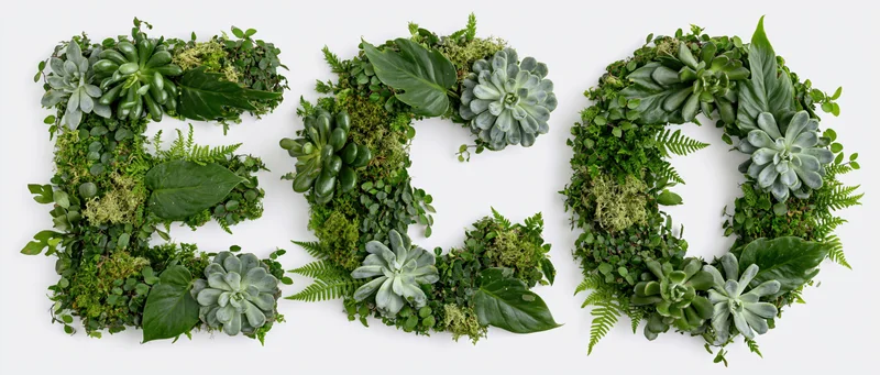 The word eco spelled with succulents, moss, and ferns on a white background