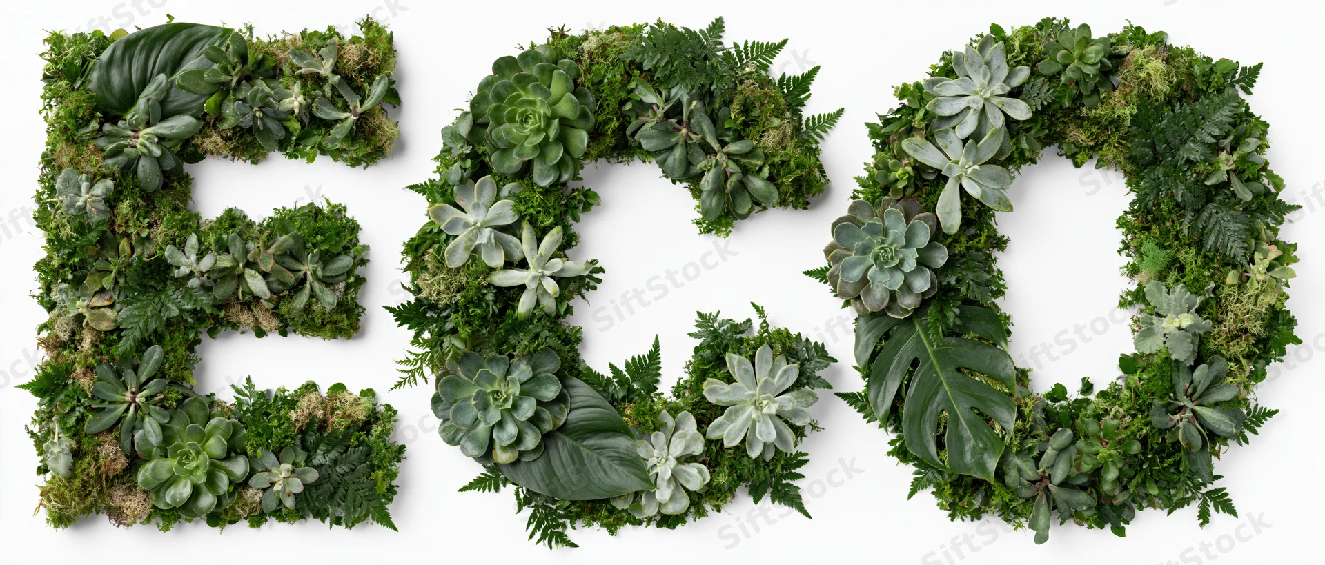 The word eco spelled with dense green plants including succulents, moss, and ferns on white background