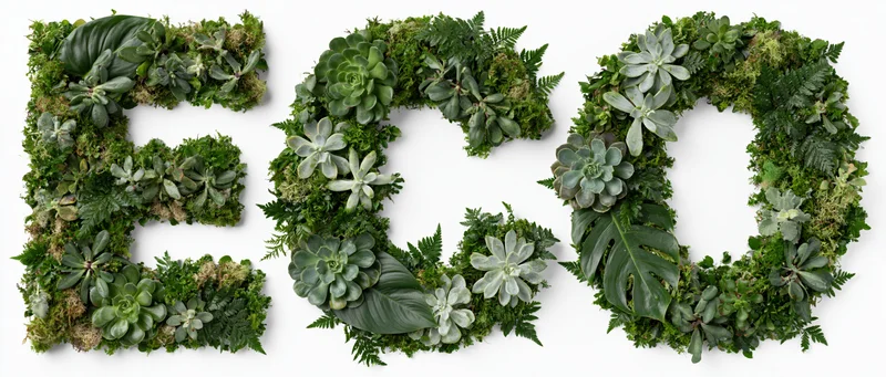 The word eco spelled with dense green plants including succulents, moss, and ferns on white background
