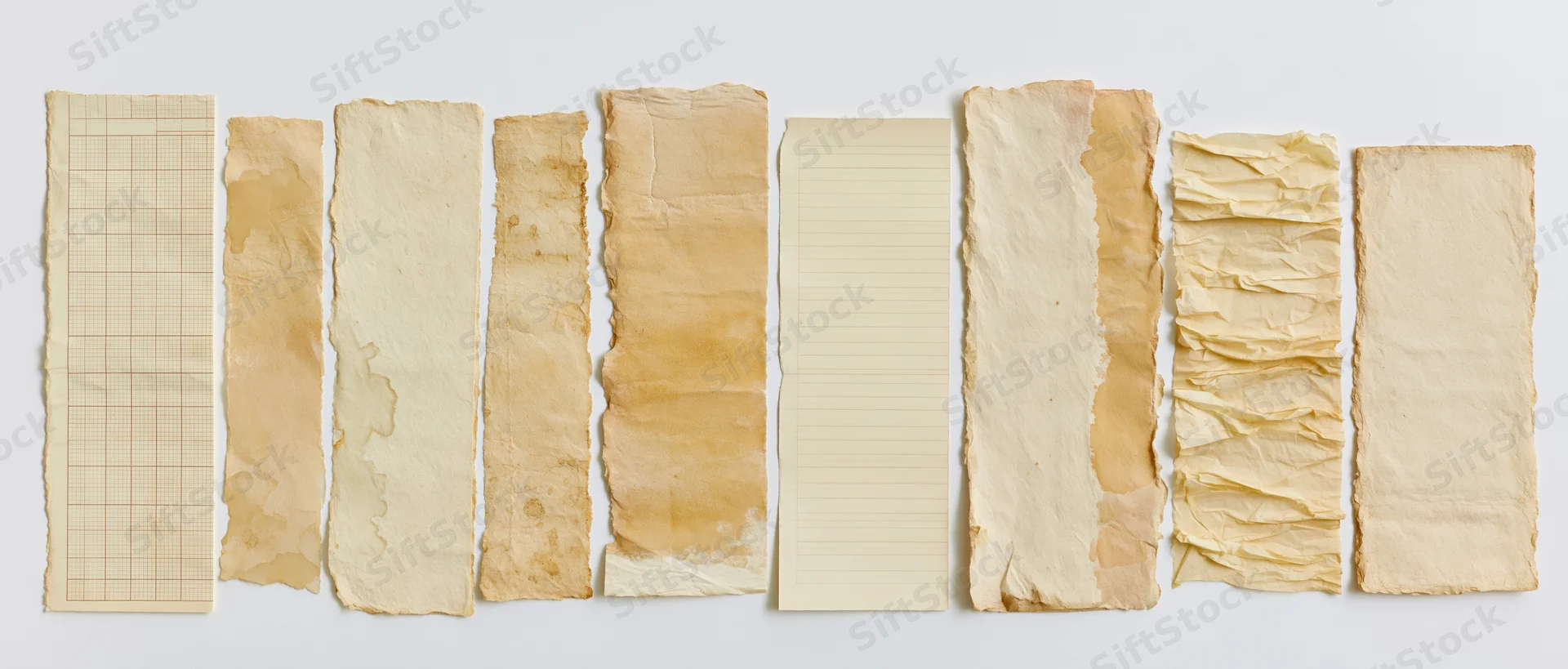 Thirteen aged paper sheets arranged horizontally in a flat lay display