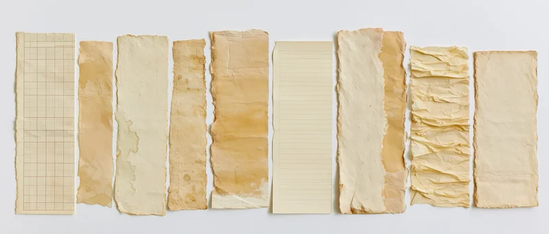 Thirteen aged paper sheets arranged horizontally in a flat lay display