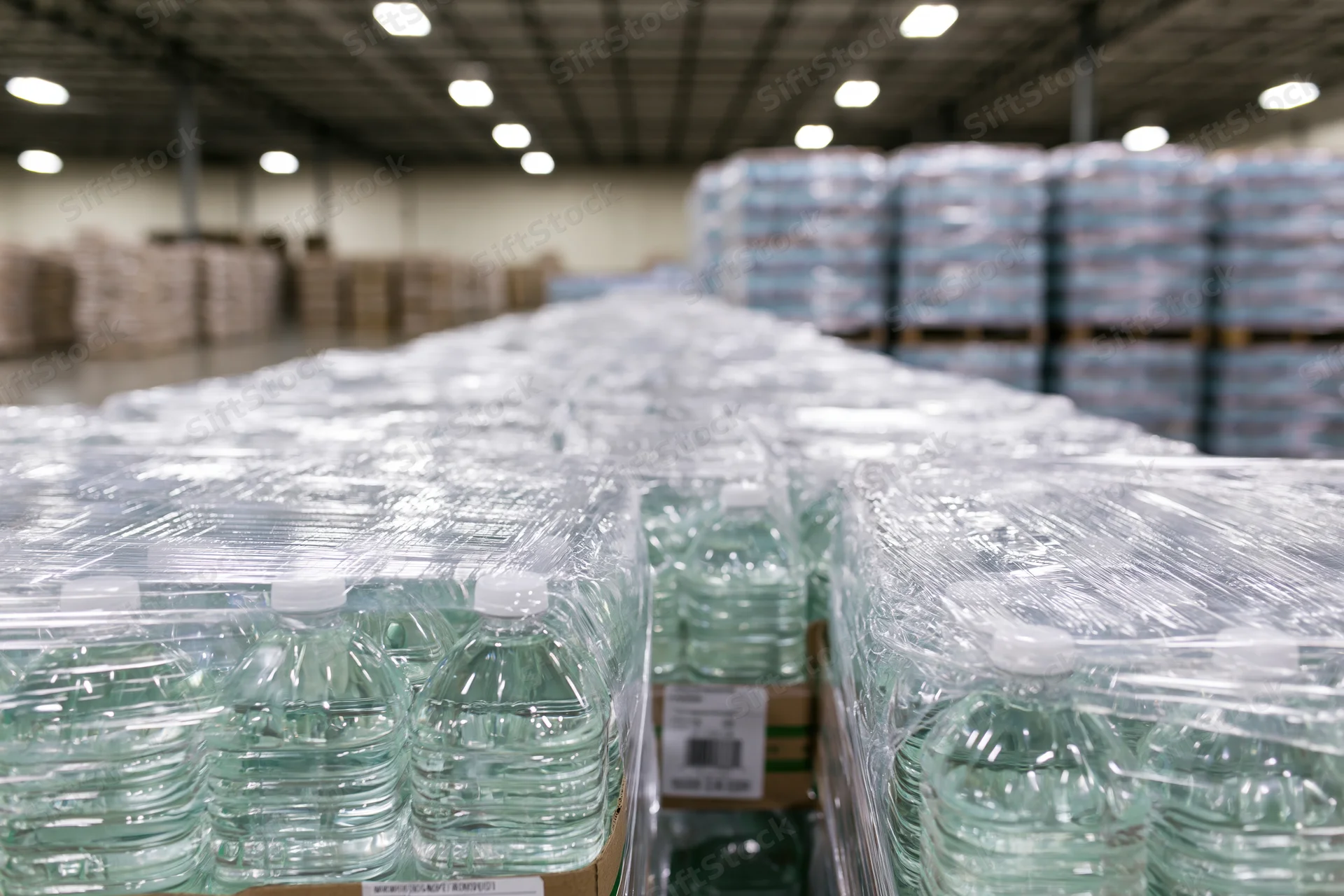 Rows of shrink-wrapped plastic water bottles on pallets in a warehouse storage area