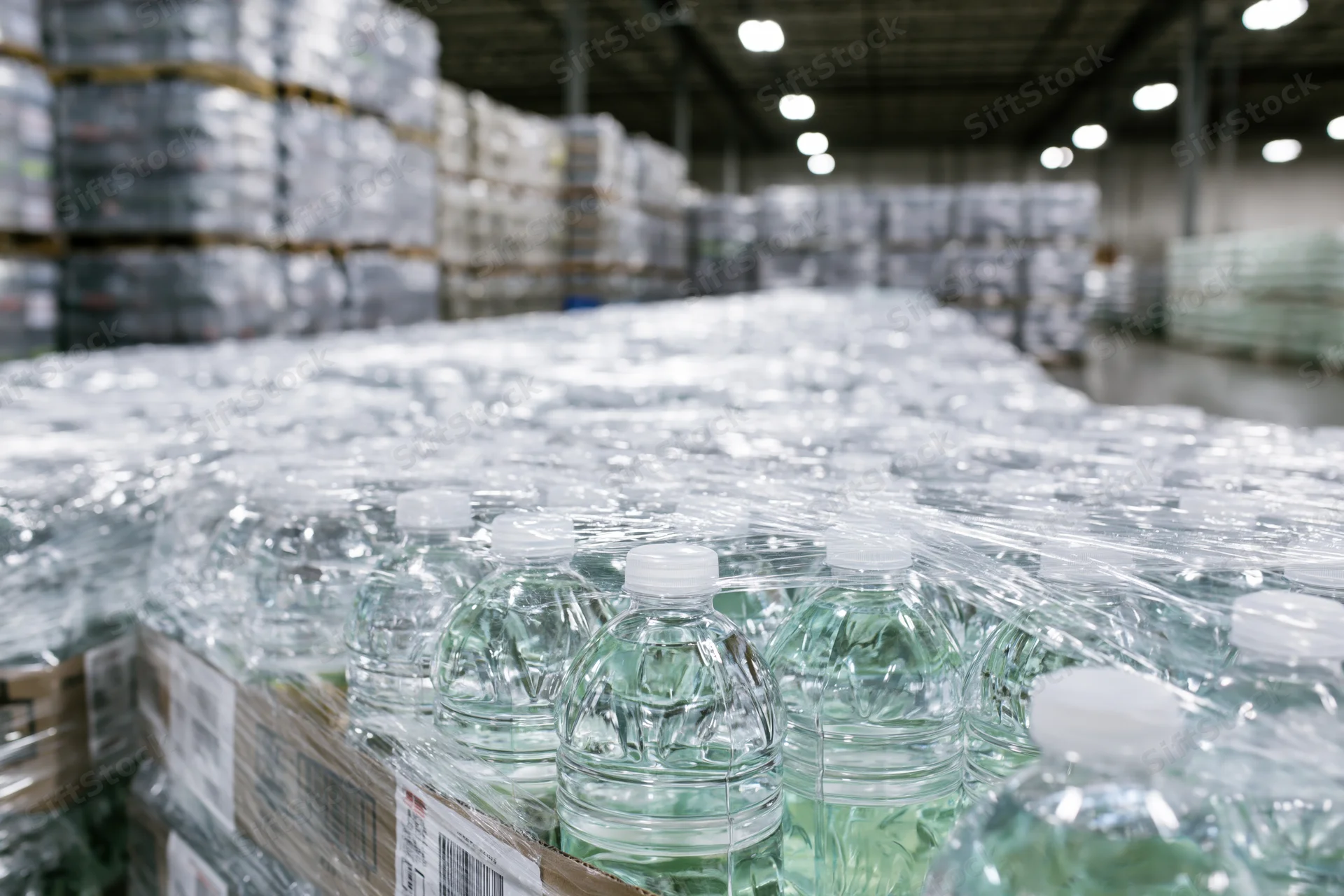 Clear plastic water bottles stacked in rows on pallets inside a warehouse