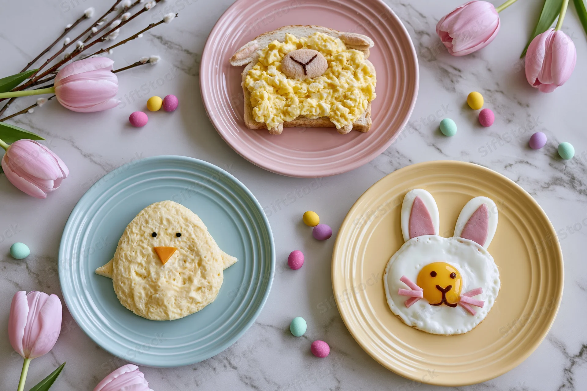 Three easter-themed food art plates with bunny, chick and lamb designs on marble table surrounded by tulips and candy