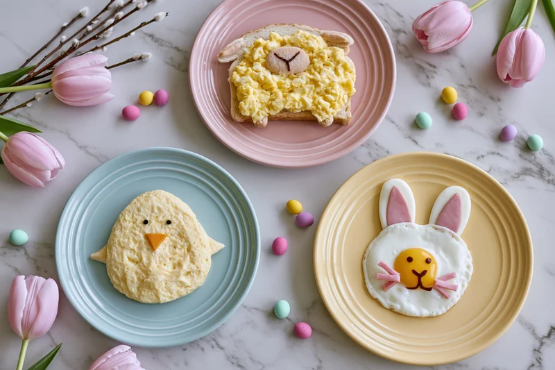Three easter-themed food art plates with bunny, chick and lamb designs on marble table surrounded by tulips and candy