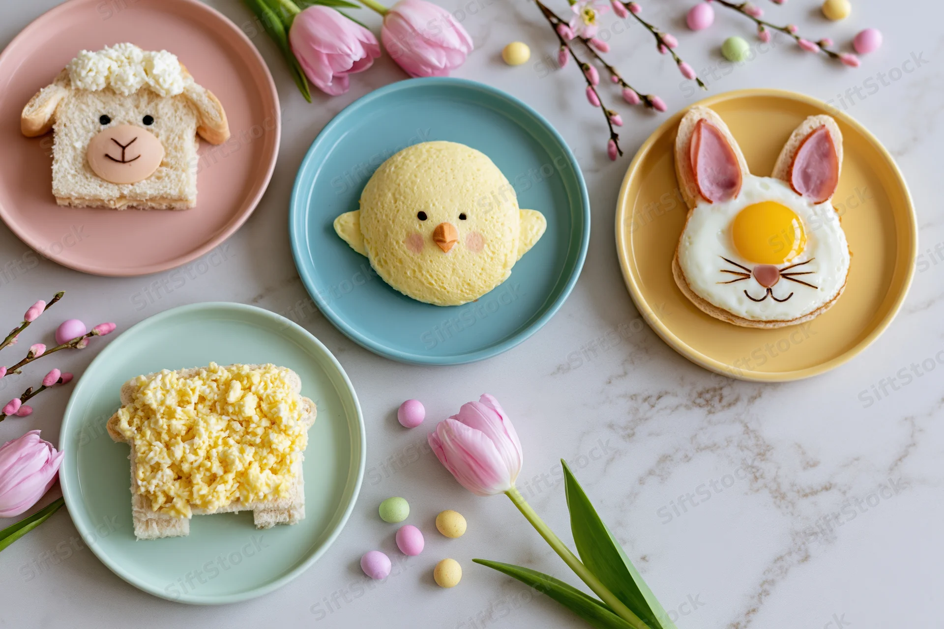 Easter-themed food art plates with animal-shaped sandwiches and eggs on pastel-colored plates arranged on a marble countertop with tulips and blossoms