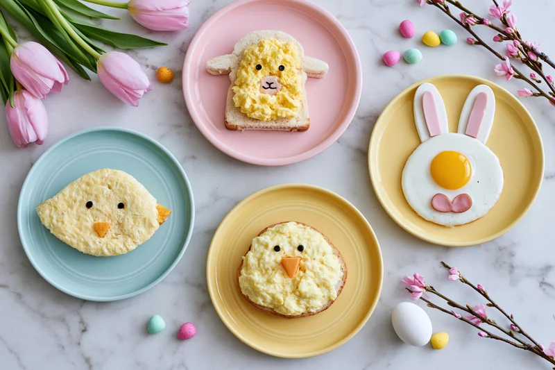 Easter-themed food art plates with animal-shaped toast and eggs on marble table