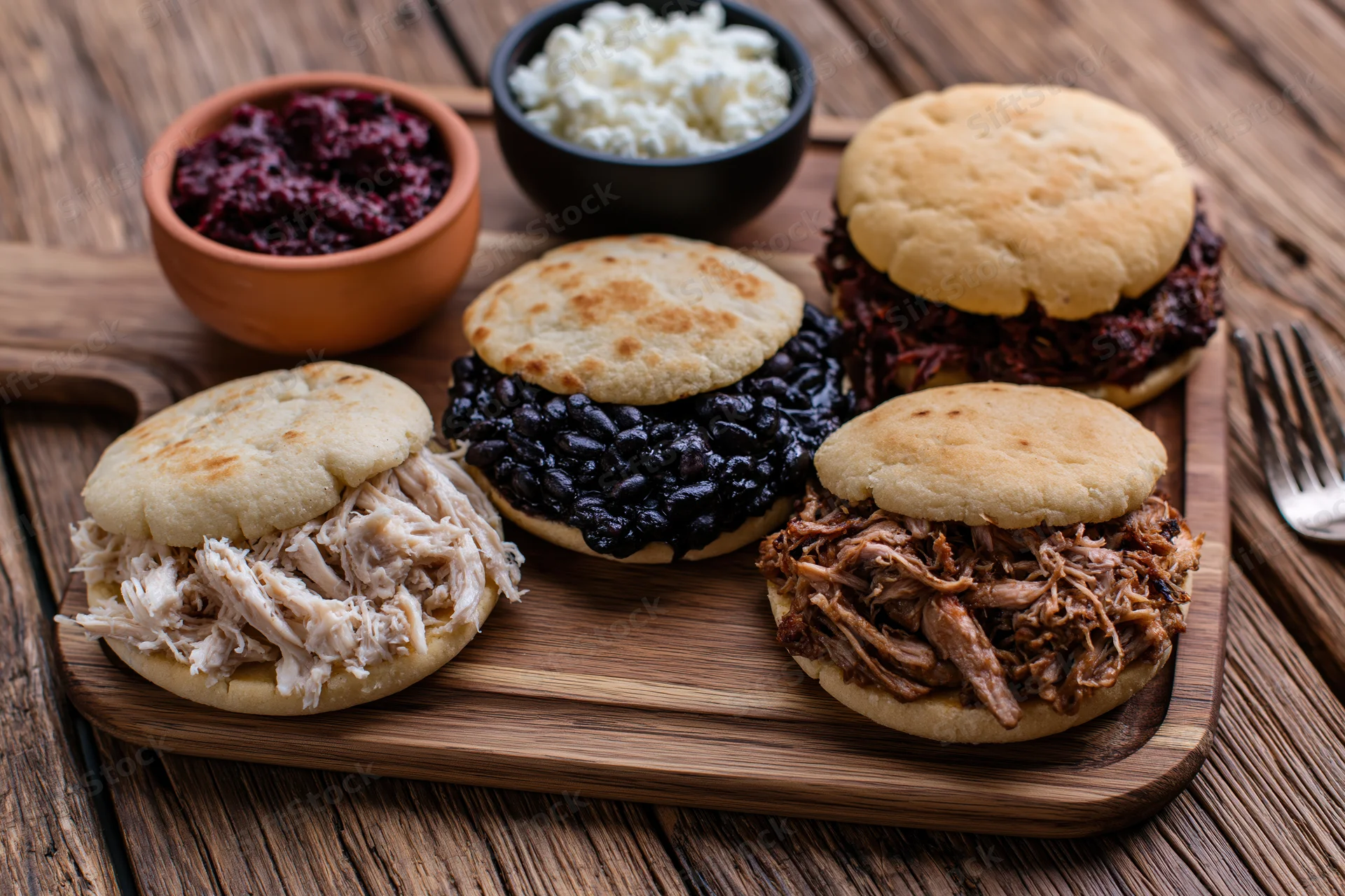 Four Venezuelan arepas filled with shredded chicken, black beans, and beef on a wooden board with side bowls of sauce and cheese