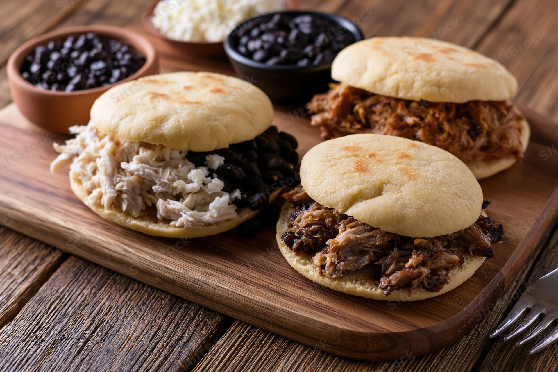 Three Venezuelan arepas filled with shredded chicken and black beans arranged on a wooden board with side bowls of beans and rice