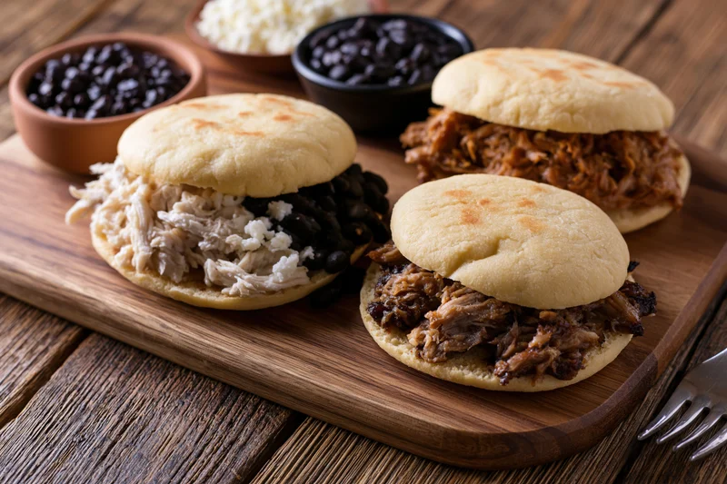 Three Venezuelan arepas filled with shredded chicken and black beans arranged on a wooden board with side bowls of beans and rice