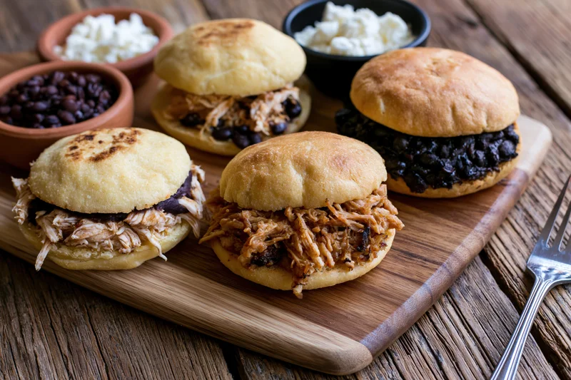 Venezuelan arepas filled with shredded chicken and black beans arranged on a wooden board with side bowls of cheese and beans, a fork beside them