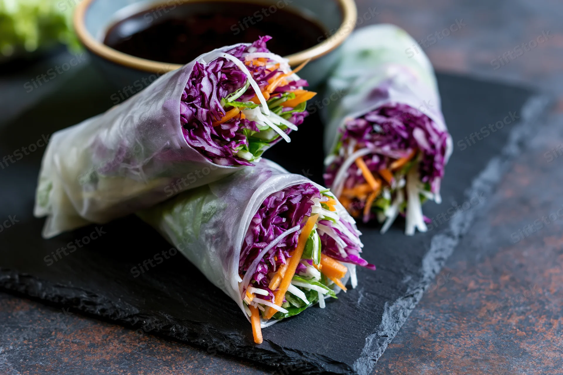 Three vietnamese fresh spring rolls with vegetables on a slate plate beside a bowl of soy dipping sauce