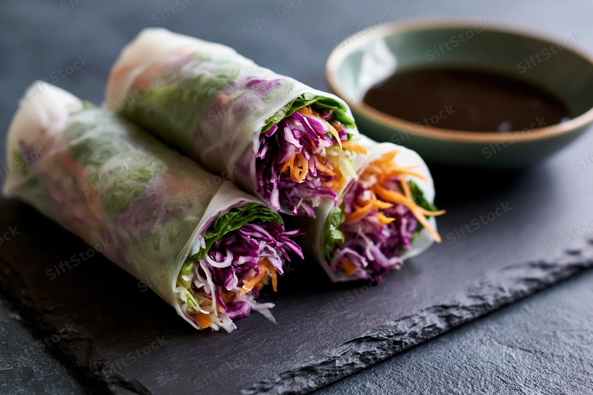 Three vietnamese fresh spring rolls with vegetables and dipping sauce on slate plate