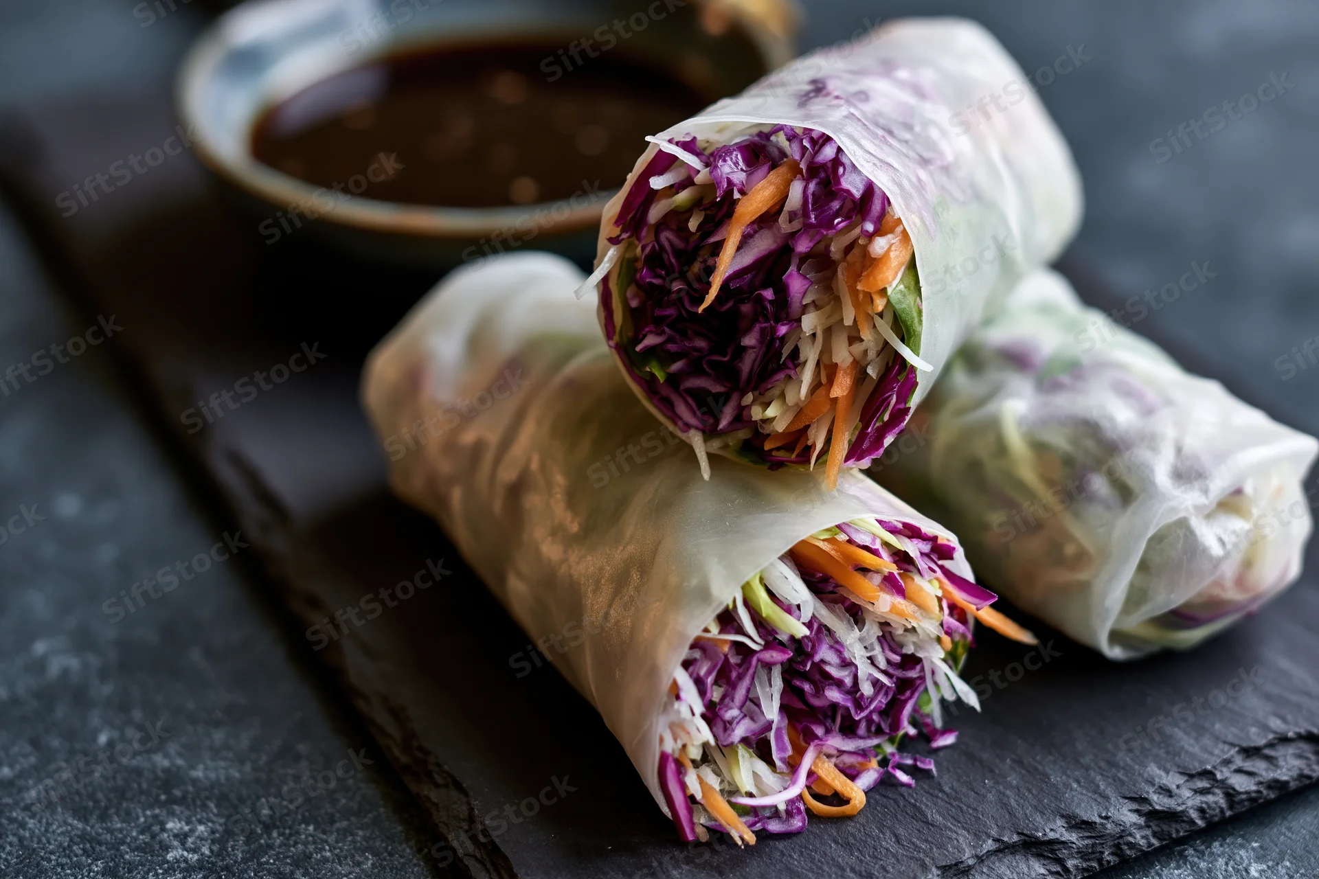 Three vietnamese fresh spring rolls with rice paper wrapping filled with purple cabbage carrots and lettuce on a dark slate plate beside a bowl of dipping sauce