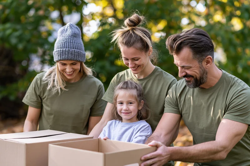 Family of four sorting food donations in a park during autumn