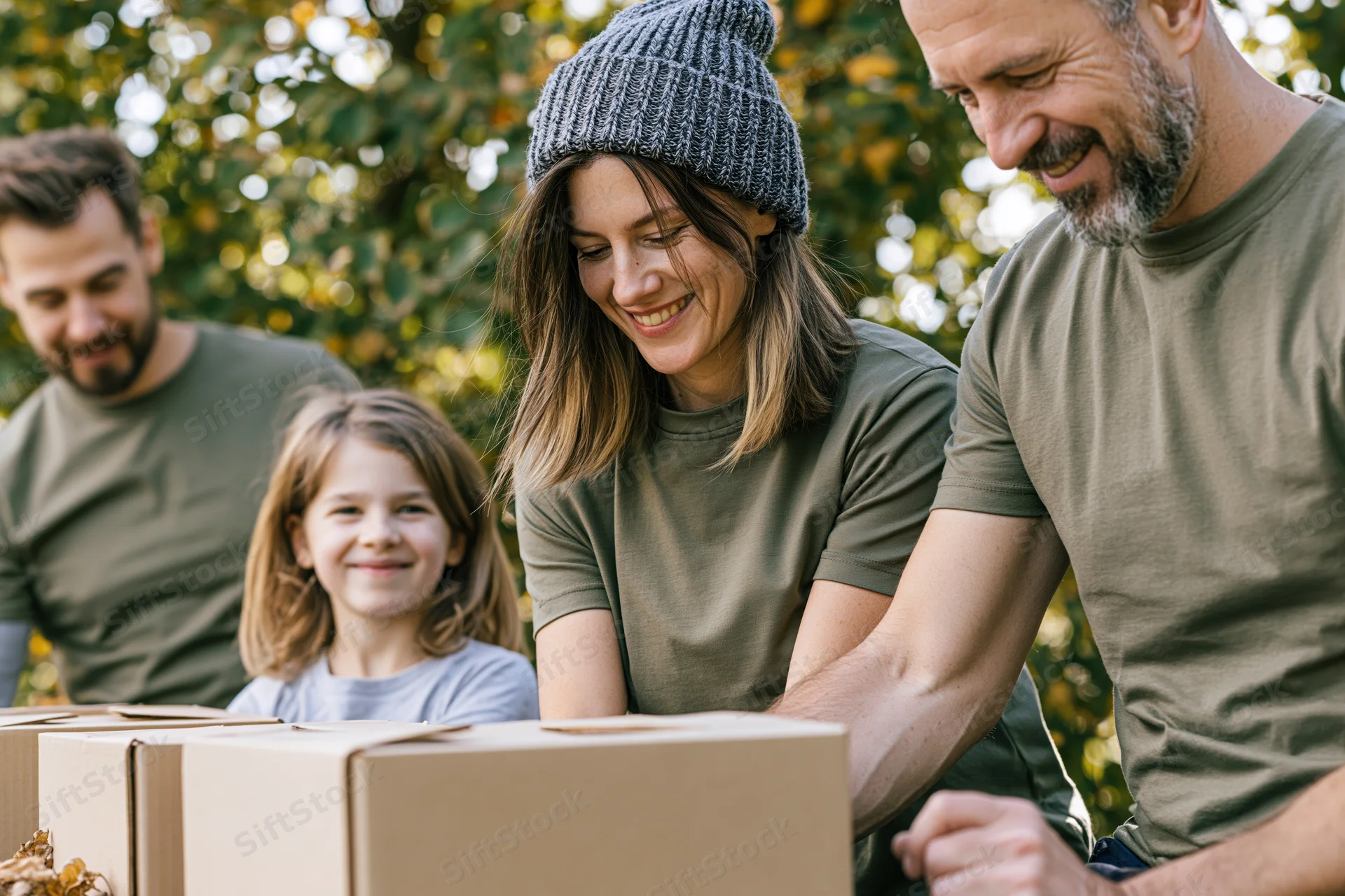 Family sorting food donations outdoors in autumn foliage