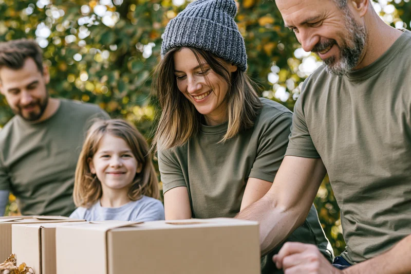 Family sorting food donations outdoors in autumn foliage