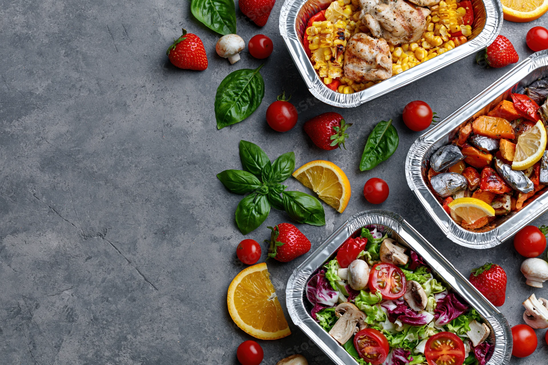 Three aluminum foil containers with grilled chicken, corn, salad and vegetables arranged on a gray surface with fresh fruit and herbs scattered around