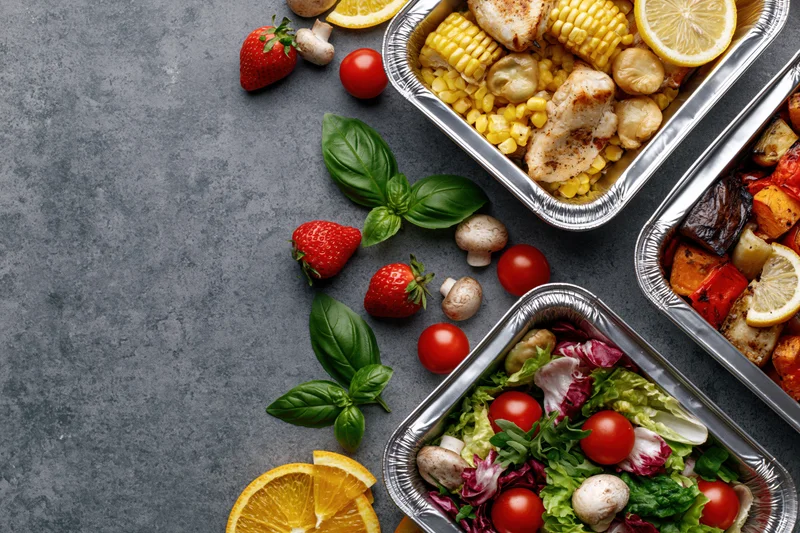 Three aluminum foil containers with grilled chicken, corn, salad and fresh fruit arranged on dark surface with herbs and vegetables scattered around