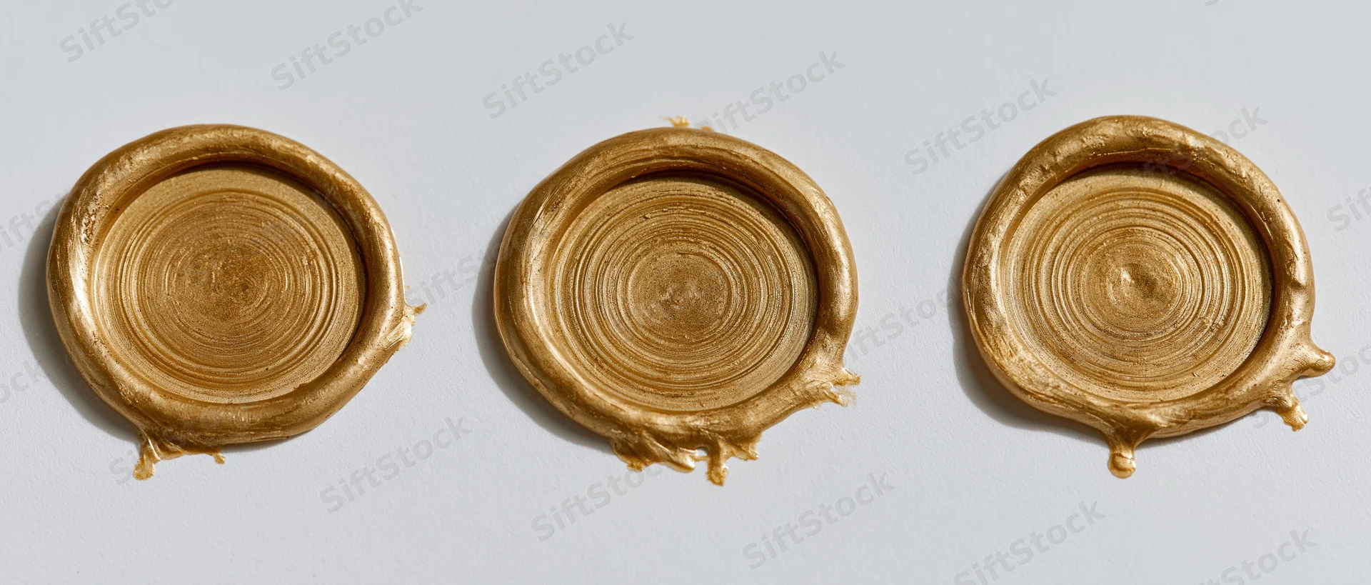 Three blank gold wax seals arranged in a horizontal row on a white surface