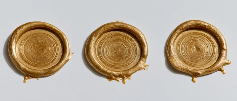Three blank gold wax seals arranged in a horizontal row on a white surface
