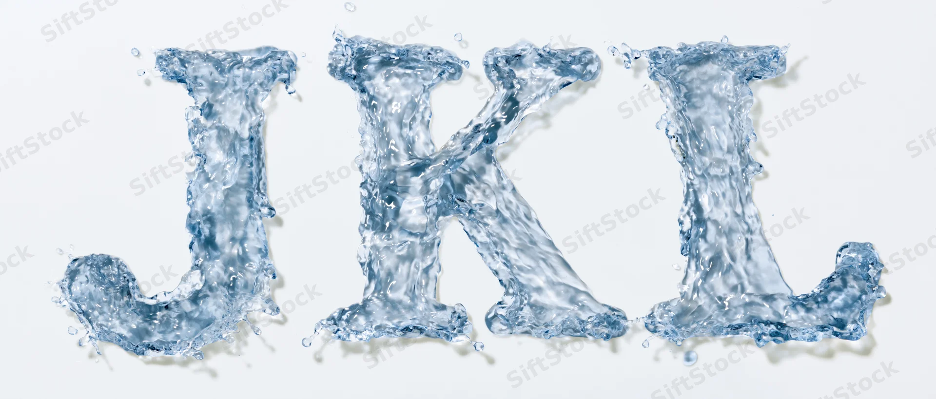 Water-formed letters j k l in motion on white background