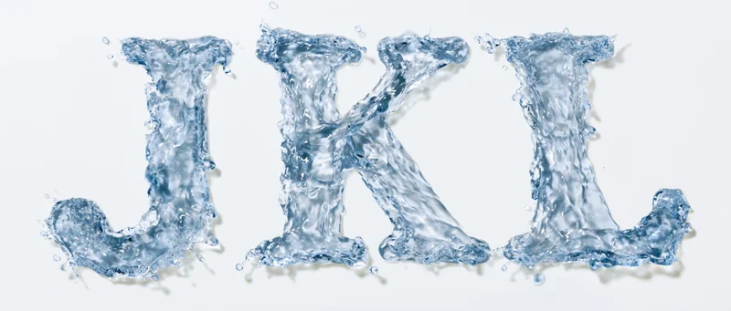 Water-formed letters j k l in motion on white background