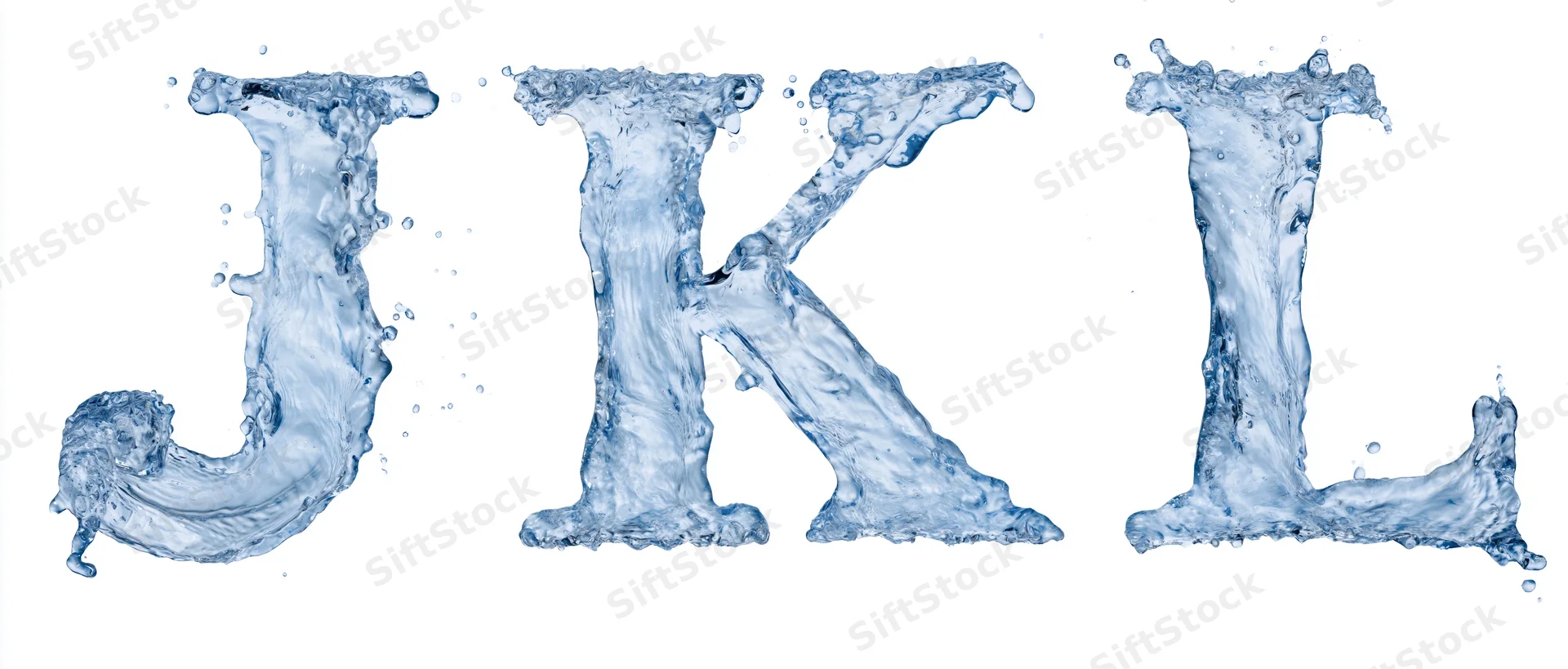 Water forming the letters j k l in motion against a white background