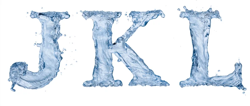 Water forming the letters j k l in motion against a white background