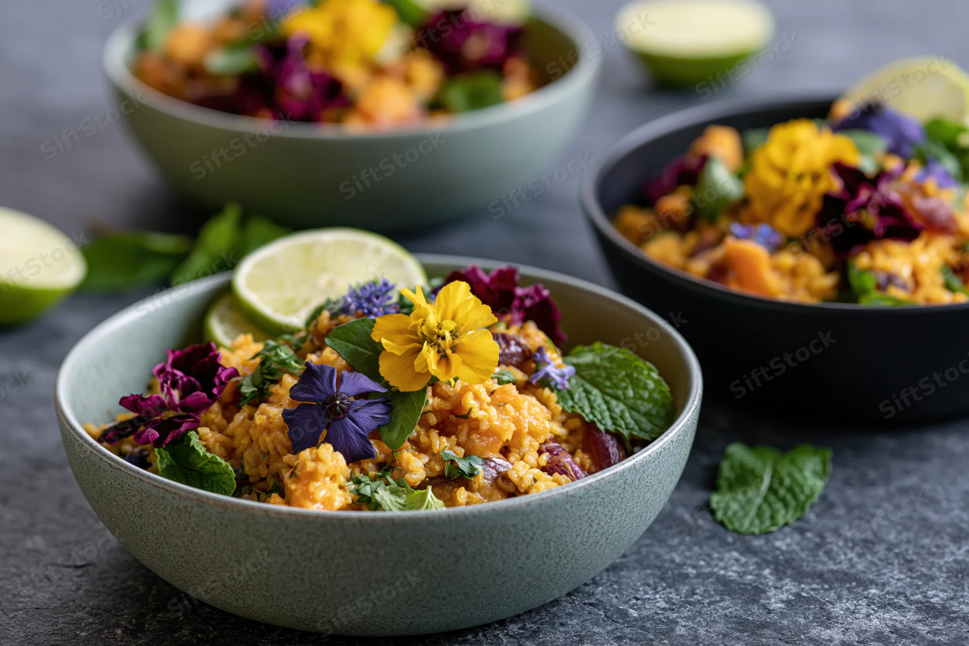 Three ceramic bowls of curry rice topped with edible flowers on a gray surface