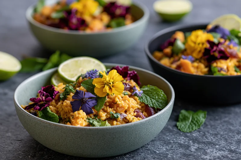Three ceramic bowls of curry rice topped with edible flowers on a gray surface