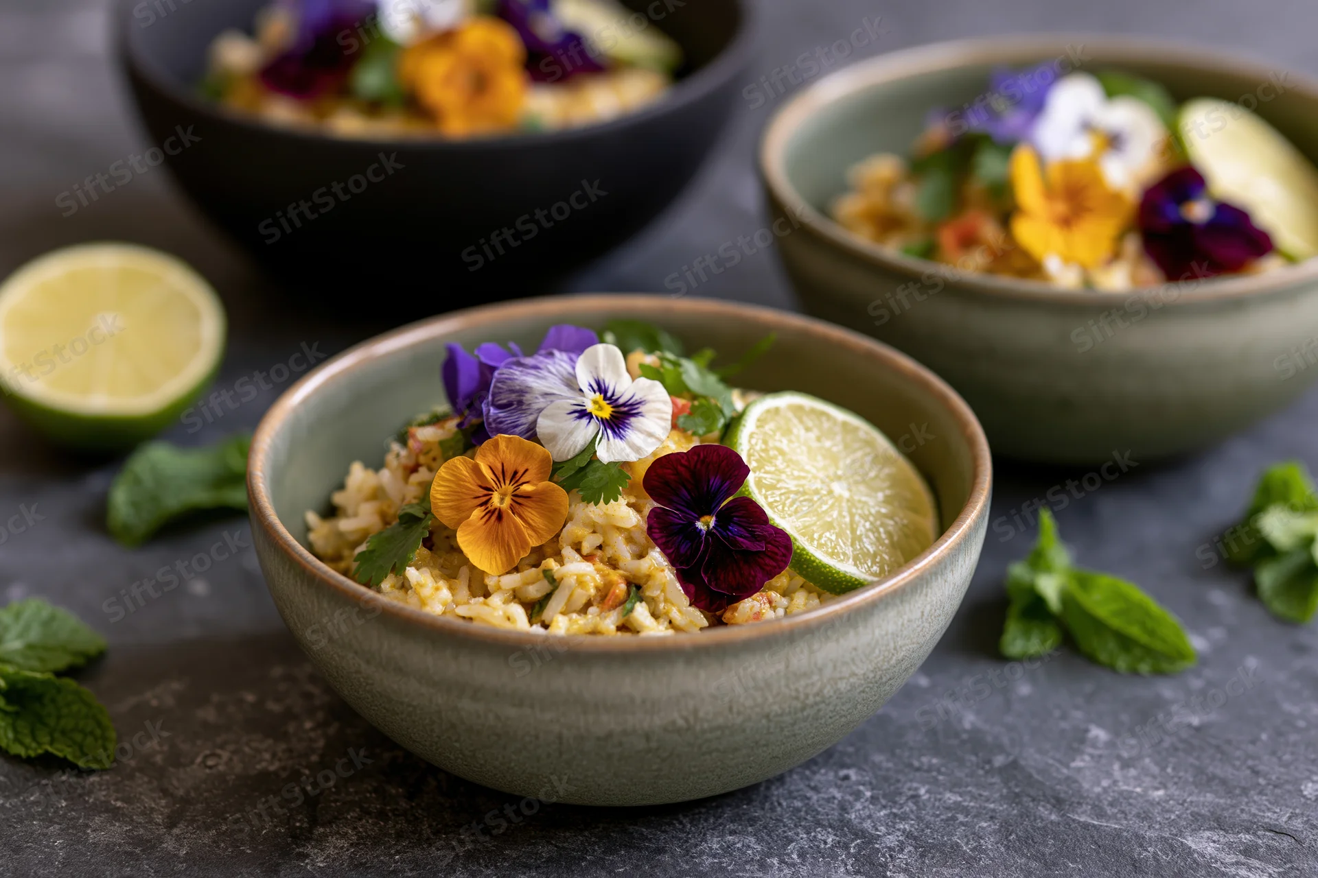 Three ceramic bowls of curry rice topped with edible flowers and lime slices on a gray surface