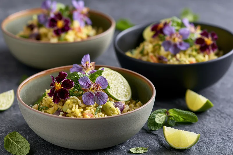 Three ceramic bowls of curry rice topped with edible flowers and lime slices on a gray surface