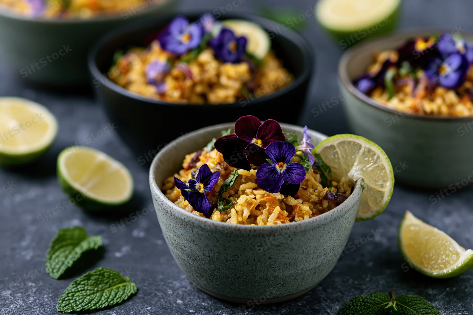 Ceramic bowls of curry rice topped with edible purple flowers and lime slices on a gray surface