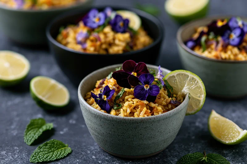 Ceramic bowls of curry rice topped with edible purple flowers and lime slices on a gray surface