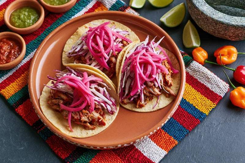 Three cochinita pibil tacos on a hand-painted terracotta plate with pickled red cabbage and lime wedges on a colorful woven placemat
