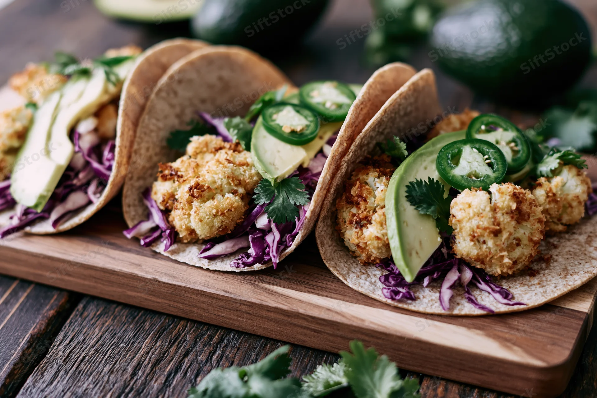 Three crispy coconut-crusted cauliflower tacos on whole wheat tortillas with avocado and jalapeno on a wooden cutting board