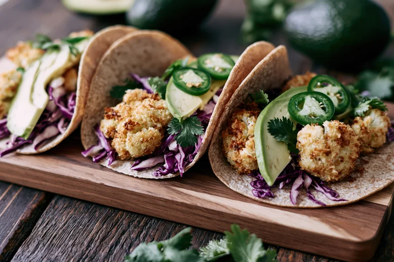 Three crispy coconut-crusted cauliflower tacos on whole wheat tortillas with avocado and jalapeno on a wooden cutting board