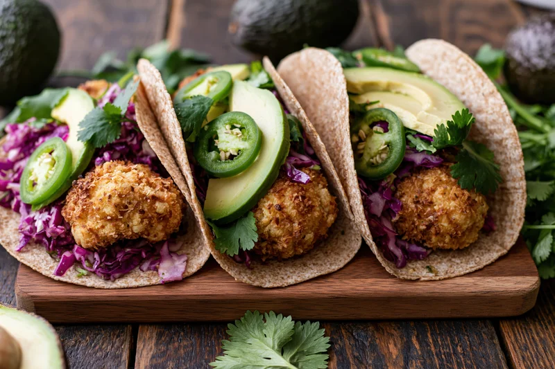 Three crispy coconut-crusted cauliflower tacos with avocado and jalapeno on a wooden board