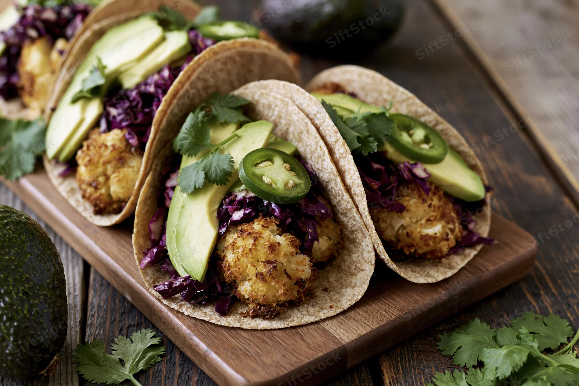 Three crispy coconut-crusted cauliflower tacos with avocado and purple cabbage on a wooden board
